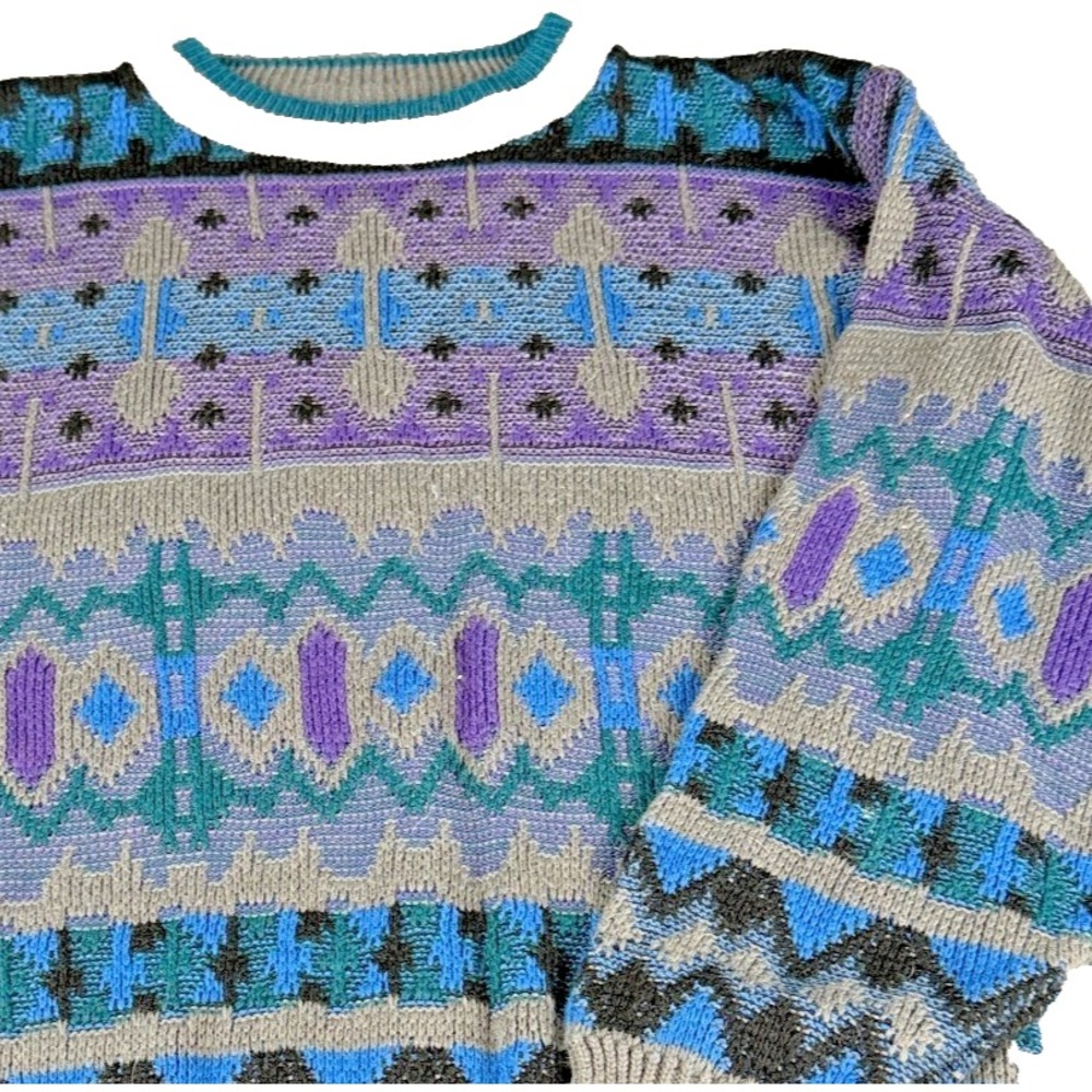 Vintage 90s Saturdays Sweater Mens Medium Blue Purple Geometric Knit 1991 Fall